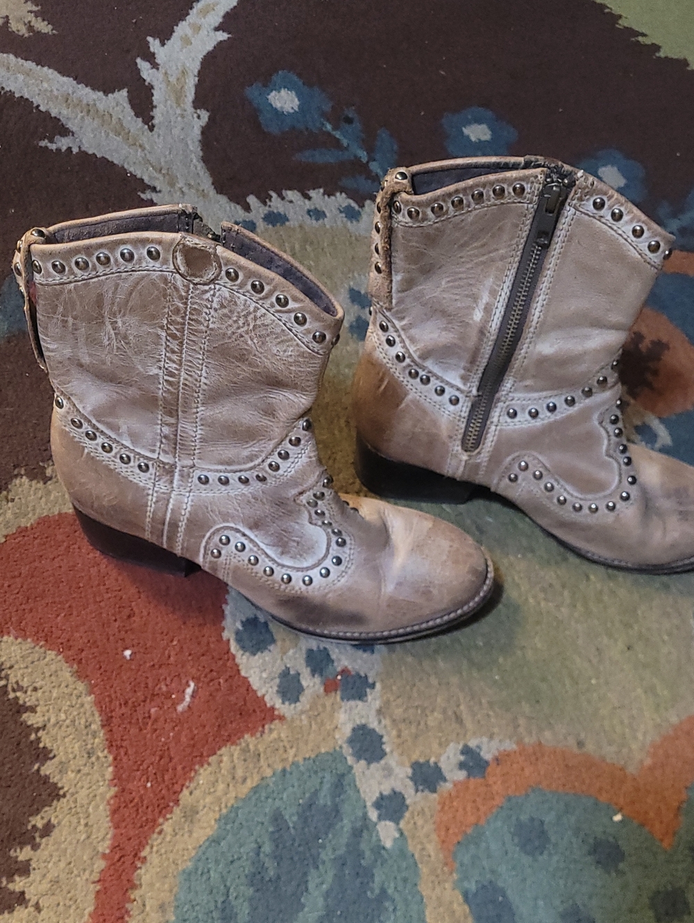 Authentic Original Vintage Style Studded Cream Western Booties